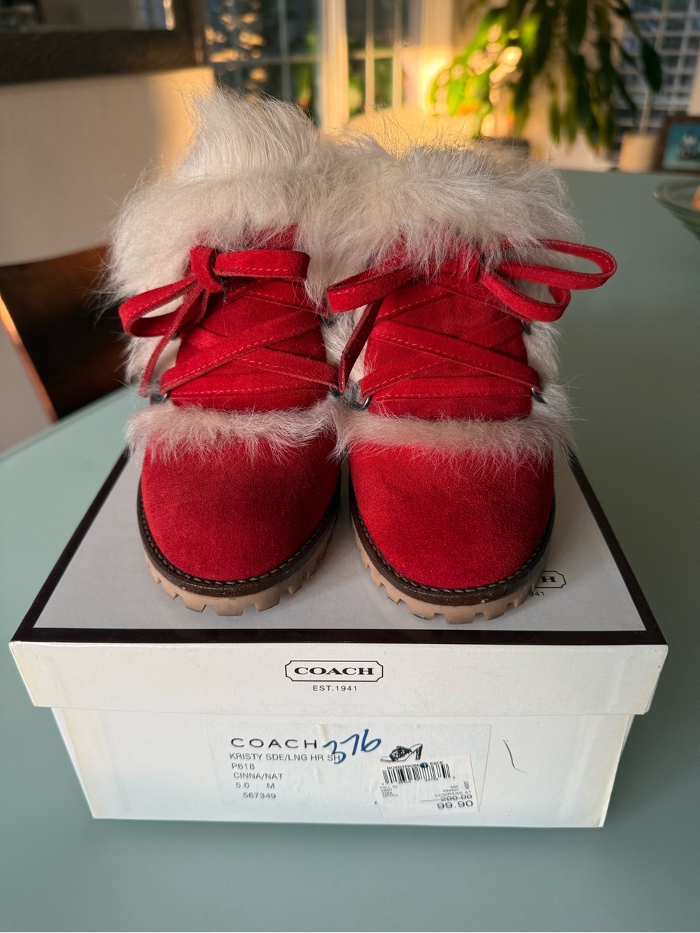 Coach Red Suede Leather Fur High Heel Mule Size 6 1/2 - Picture 4 of 9